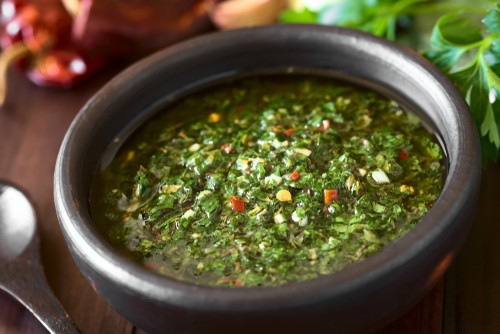 Argentinian green Chimichurri salsa or sauce, Argentina and Chile