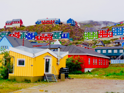Road,View,Of,Houses,In,Qaqortoq,,Greenland.,The,Town,Is